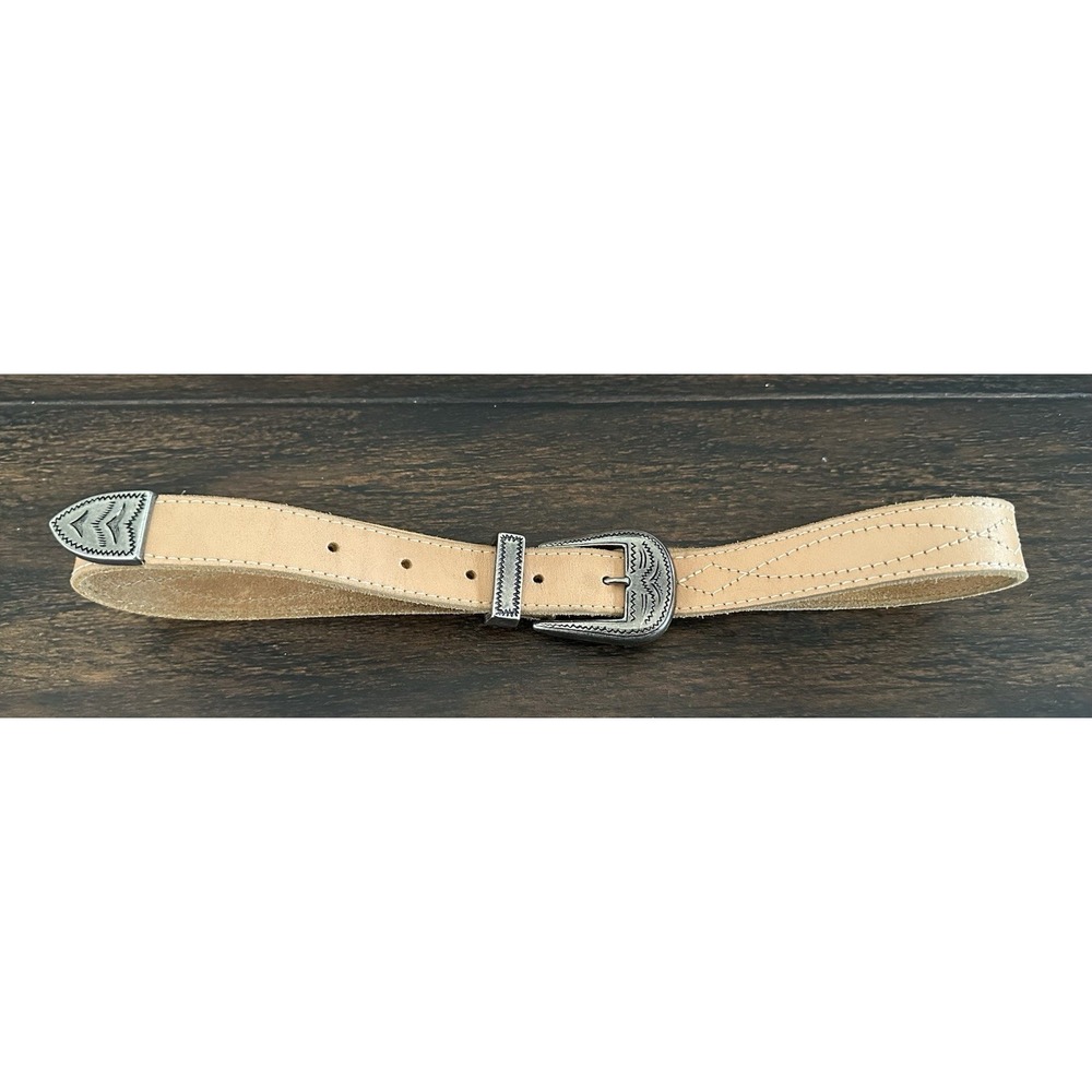 Vintage Western Genuine Leather Belt‎ Tan Engraved Buckle Tip Keeper 34 36 USA